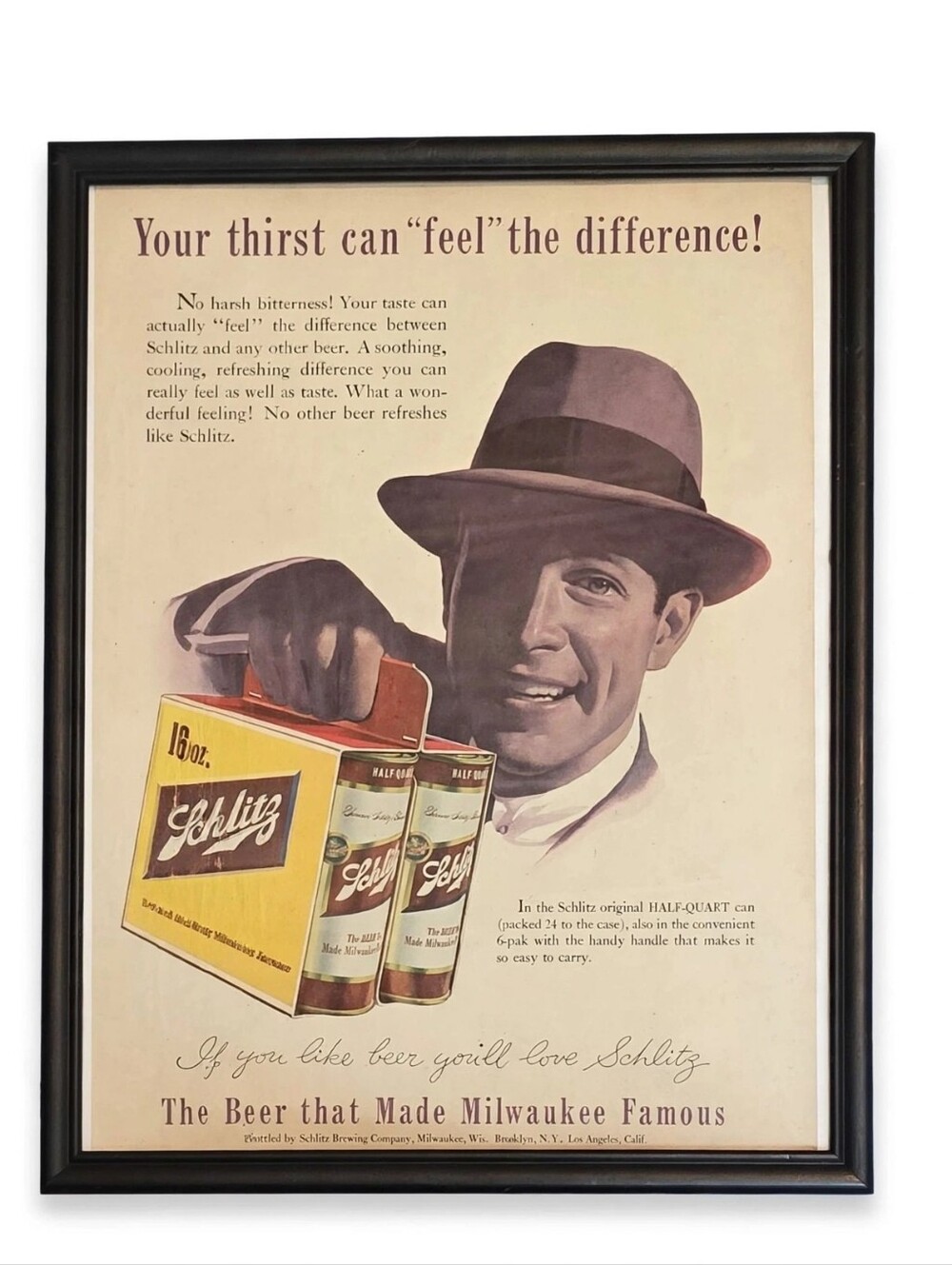 Vintage Framed Schlitz Beer Advertisement Poster 1950s Mid-Century Bar Decor